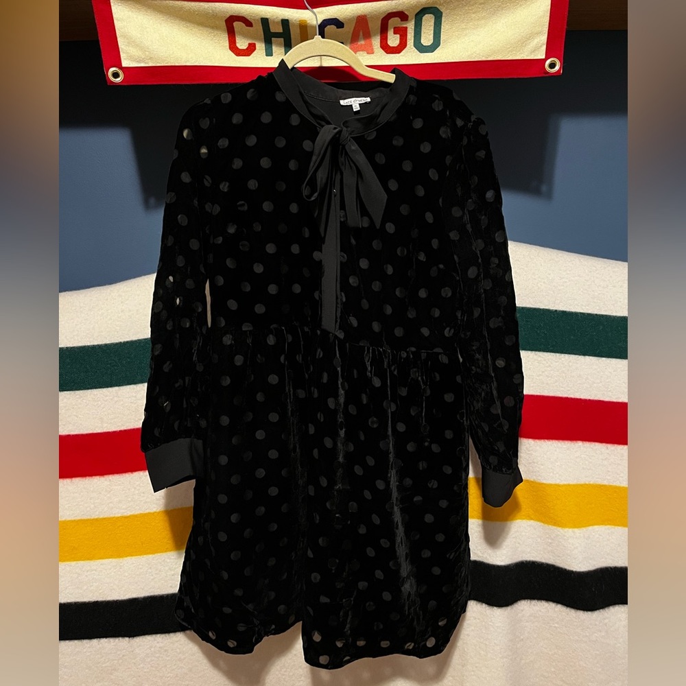 Black velvet polka dot bow neck dress